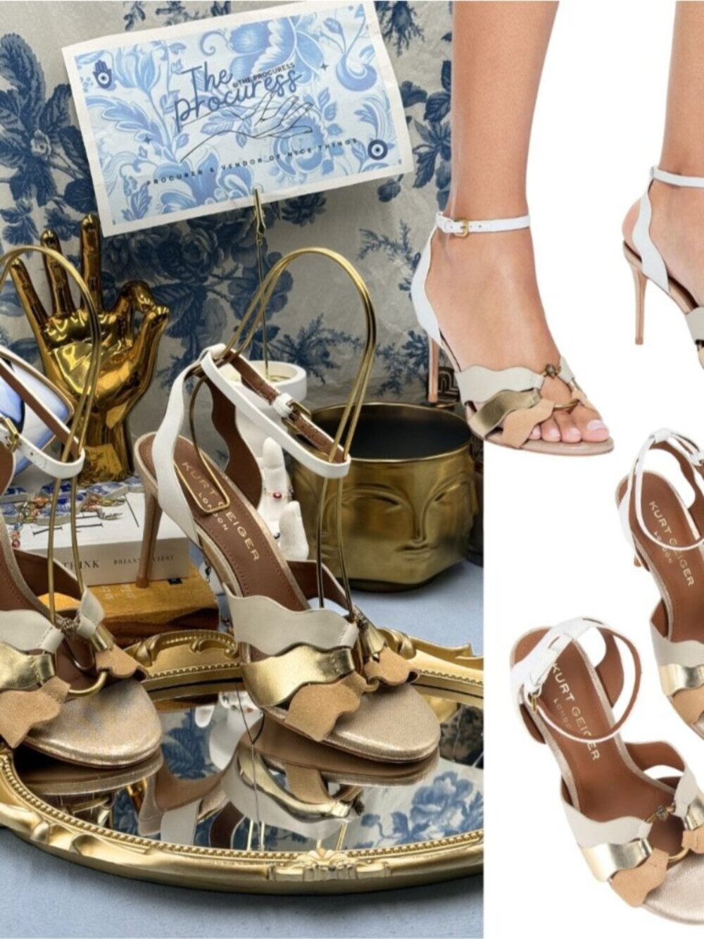 🆕 KURT GEIGER LONDON 🧿 NWOB Sun Wave Strappy Leather Sandal, Gold Combo - Sz 7